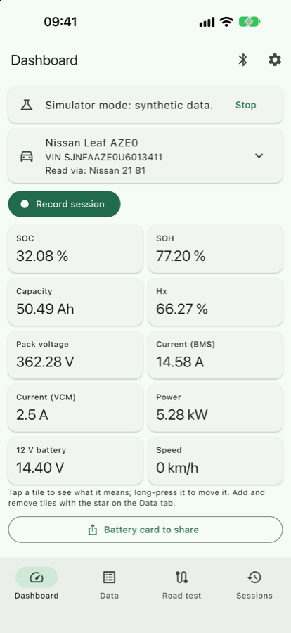 BEV Diag dashboard showing SOC, SOH, capacity and pack voltage